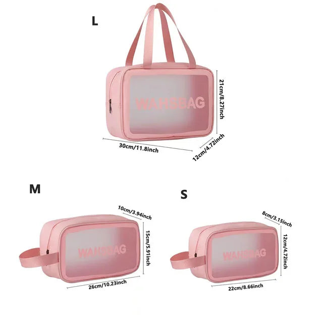 Pink clear waterproof travel toiletry bag shown in small, medium, and large sizes.
