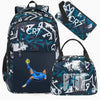 A dark blue and white sports laptop backpack with a matching rain cover displayed against a white background.