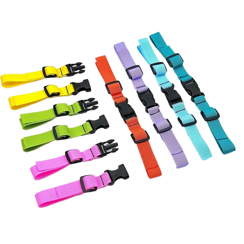 A collection of colorful adjustable tactical backpack chest strap harnesses in various shades of yellow, green, purple, and b