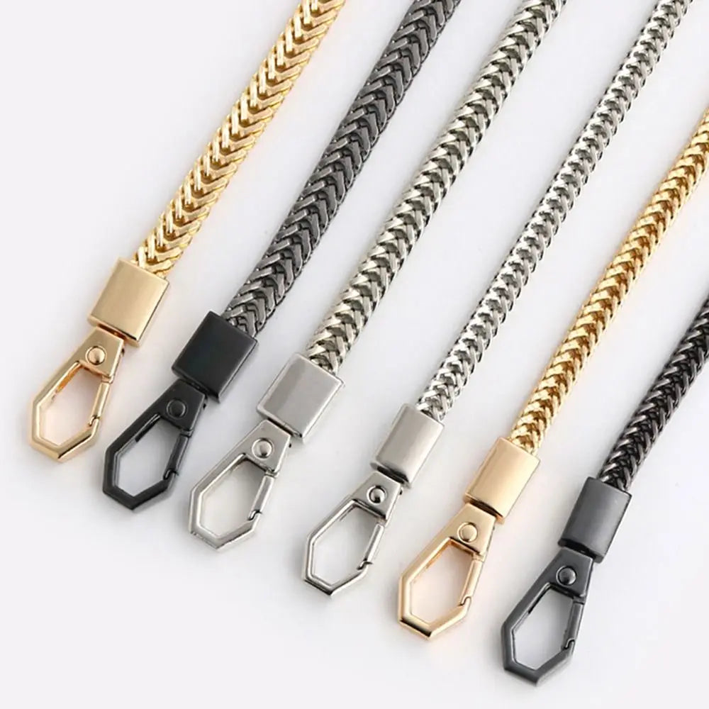 Five replacement metal bag chain straps in gold, black, and silver finishes displayed diagonally.