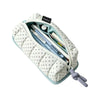 A light blue pencil case with a white dot pattern, featuring a zipper and a drawstring closure.