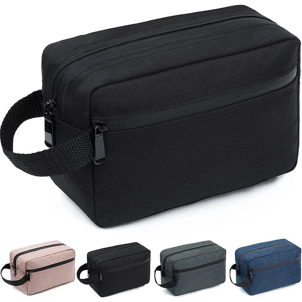 A set of four large capacity waterproof toiletry organizer bags in various shades of black, gray, and blue.