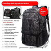 Black camouflage upgrade plus backpack with features like a front pocket, scalable design, and USB charging port.
