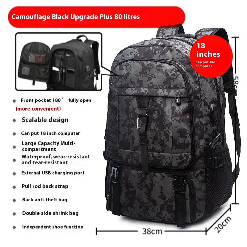 Black camouflage upgrade plus backpack with features like a front pocket, scalable design, and USB charging port.
