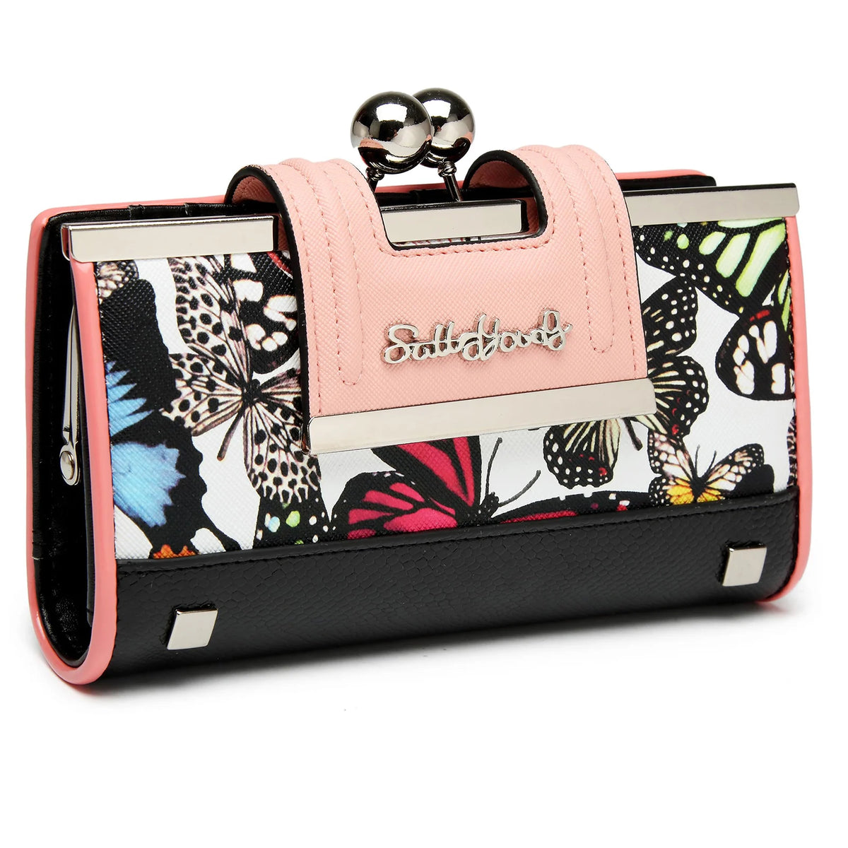 Cartera de mujer rosa y negra con estampado floral de mariposa.