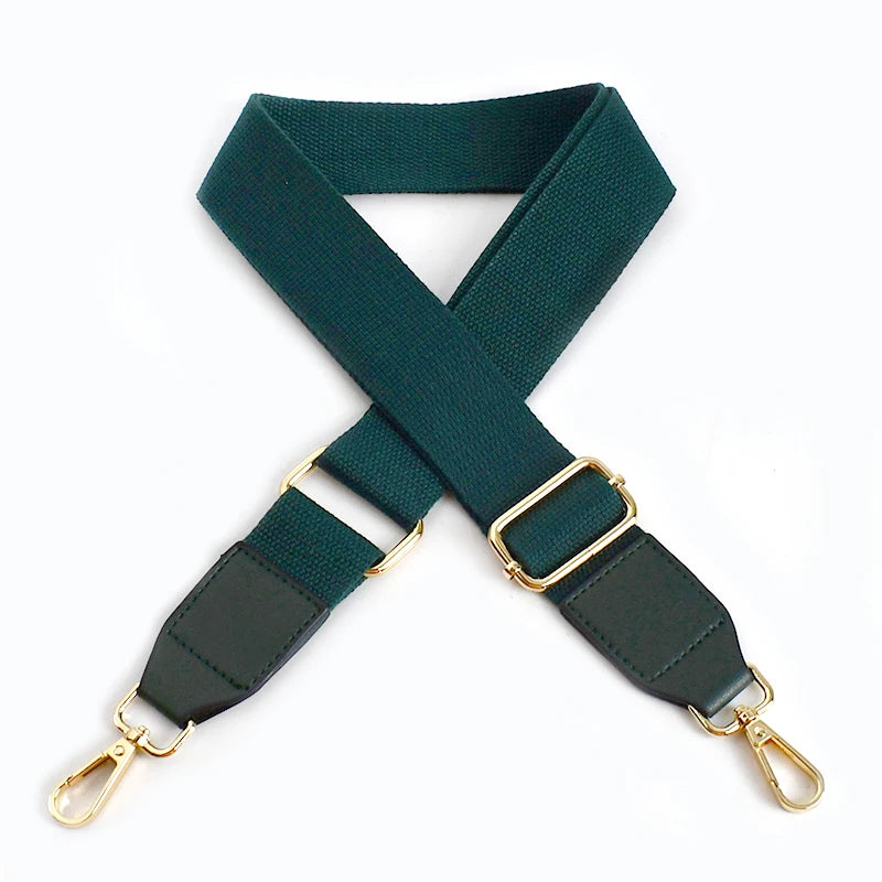 Dark green canvas cotton bag strap with gold metal hooks