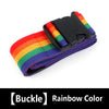 Rainbow colored luggage identification strap with a black buckle