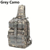 A grey camo sling backpack designed for travel and outdoor adventures.