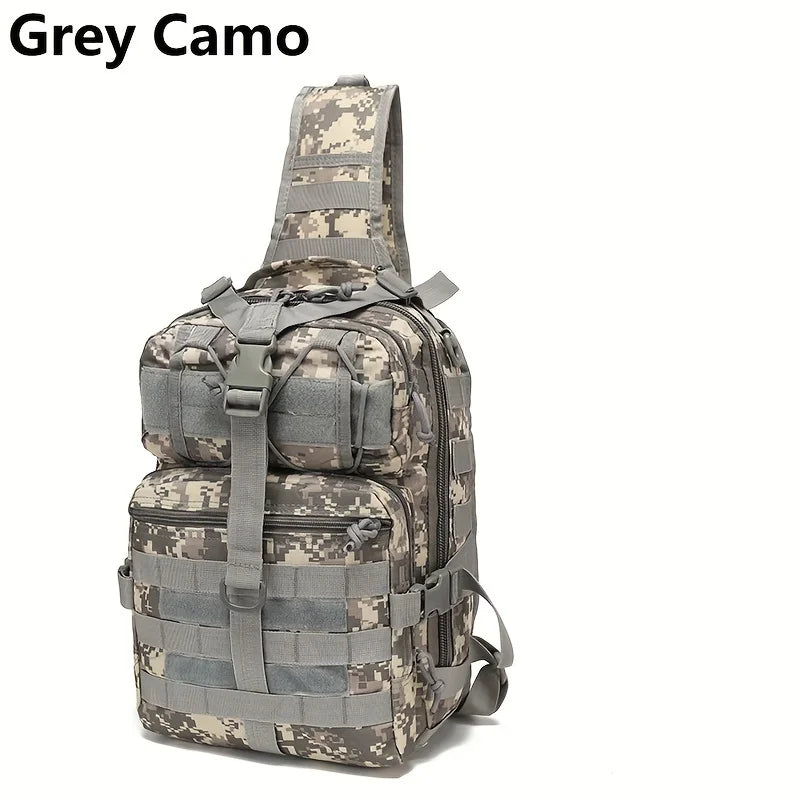 A grey camo sling backpack designed for travel and outdoor adventures.