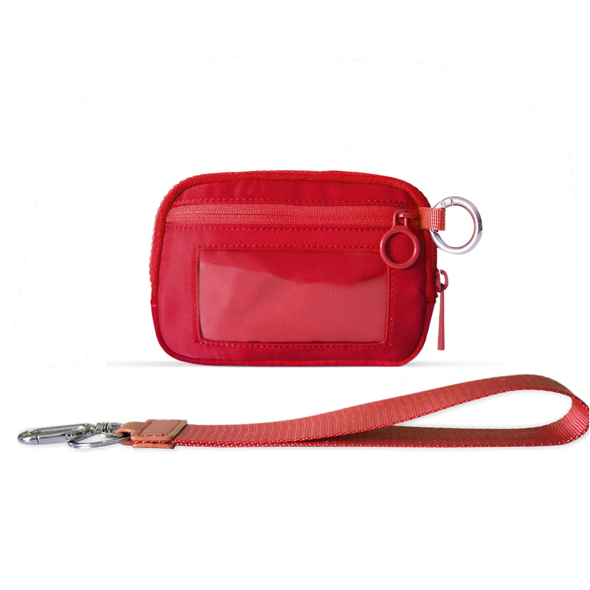 A red Iris checkered wallet with an ID window and a matching strap.
