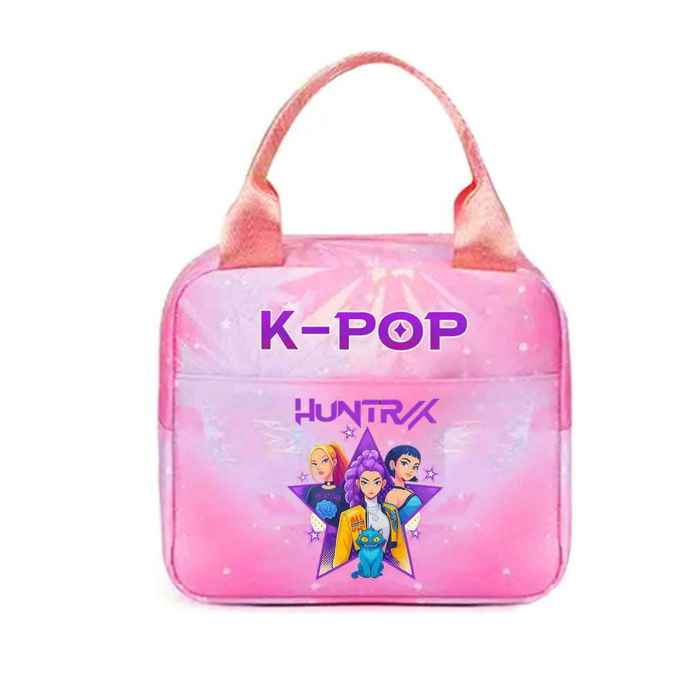Pink K-Pop themed insulated backpack with a zipper and pink straps