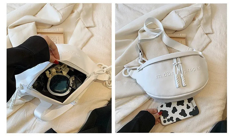 A white PU leather crossbody saddle bag with a silver chain strap is shown open and closed against a white background.