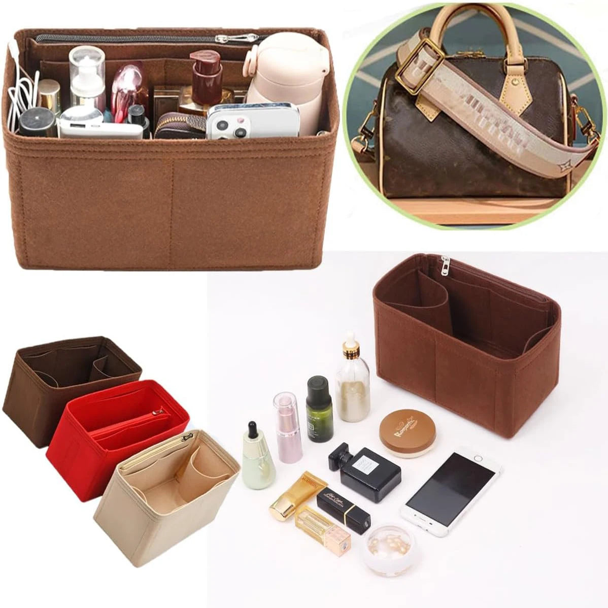 A brown felt purse organizer insert showing various makeup and small items, along with a leather handbag.