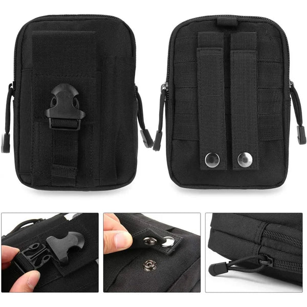 Black tactical EDC utility pouch with MOLLE strap shown from multiple angles.