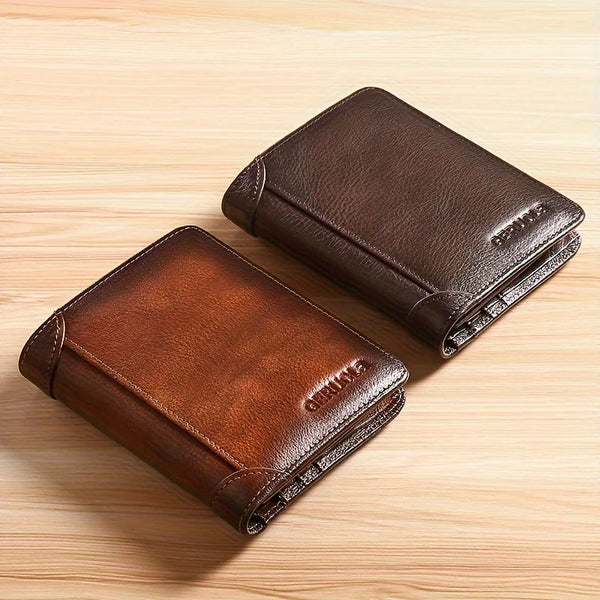 A brown genuine leather slim wallet is shown lying on a light wooden surface.