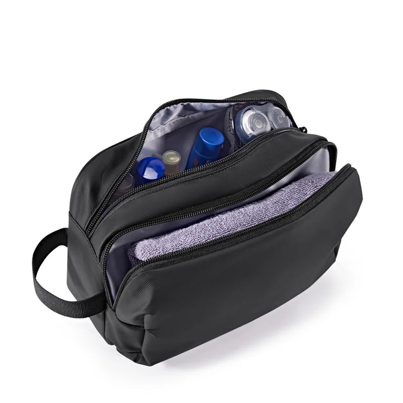 A black large capacity multifunction cosmetic toiletry bag with a zippered compartment and an open flap.