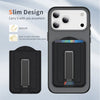 A dark gray phone wallet with a magnetic card holder and stand shown next to the phone.