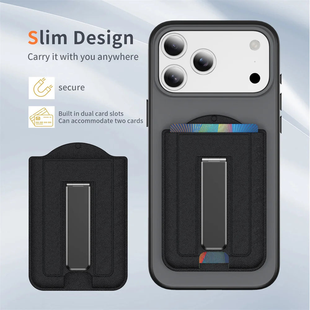 A dark gray phone wallet with a magnetic card holder and stand shown next to its folded form.