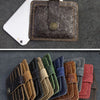 A brown genuine leather card wallet is shown next to an iPhone 7 Plus for size comparison, and a stack of similar wallets.