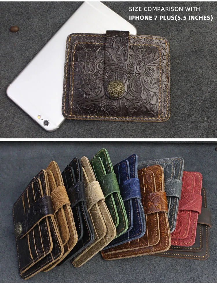 A brown genuine leather card wallet is shown next to an iPhone 7 Plus for size comparison, and a stack of similar wallets.