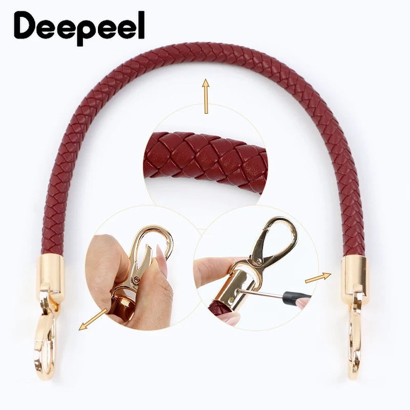 A close-up view of a maroon PU leather replacement bag strap with gold metal buckles.
