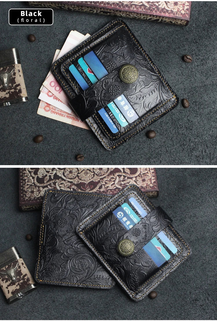 A black floral genuine leather card wallet with a gold accent, shown open on a dark gray background.