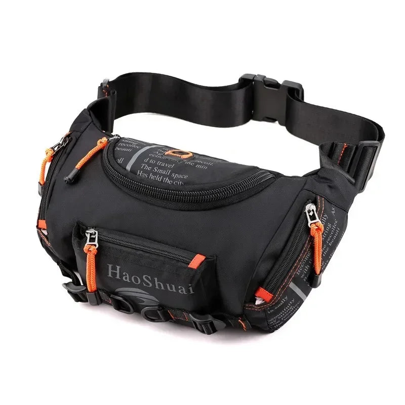 Schwarze taktische Brusttasche mit verstellbarem Riemen und orangefarbenen Akzenten für Outdoor-Ausrüstung