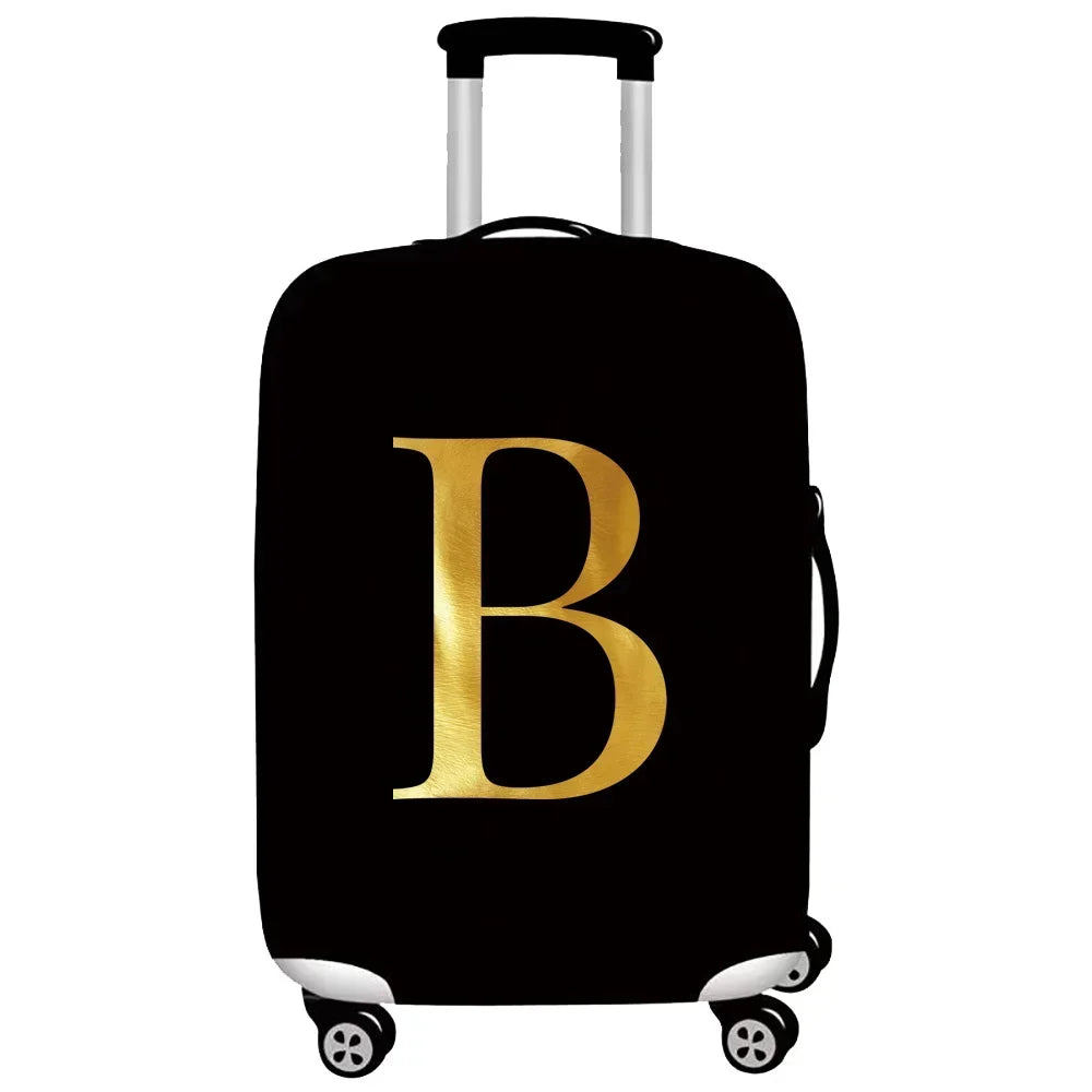 Black rolling luggage with a gold letter B design