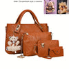 A brown embossed PU handbag set featuring a large bag and a smaller wallet, with bear-themed charms.
