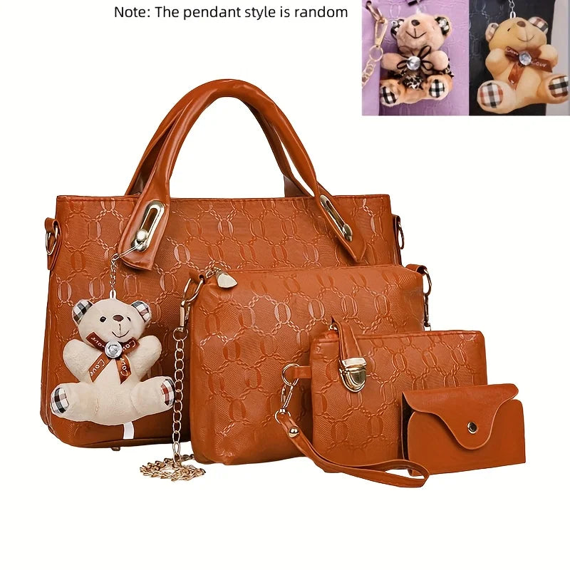 A brown embossed PU handbag set featuring a large bag and a smaller wallet, with bear-themed charms.