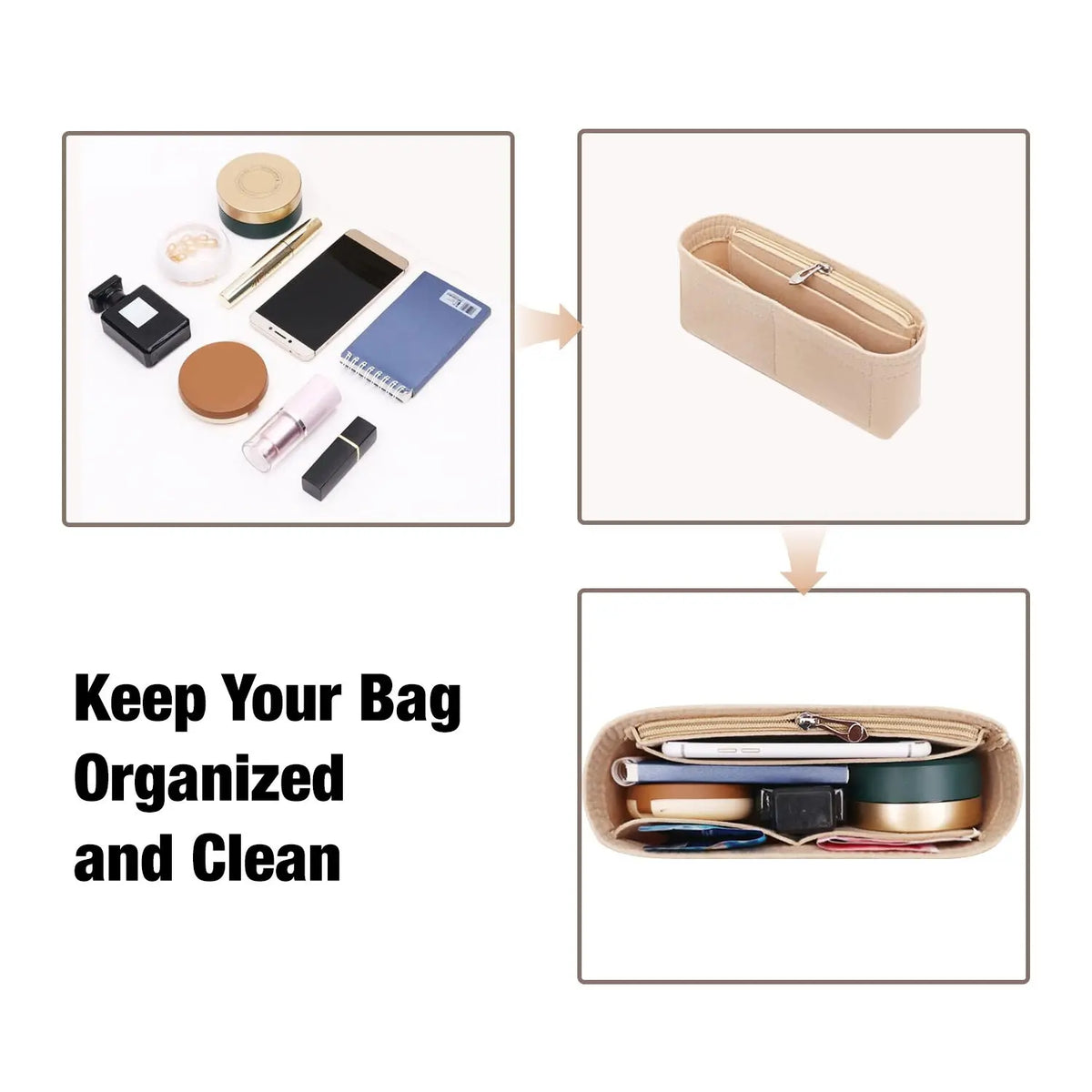 A set of felt organizer inserts and a beige leather bag with an interior organizer.