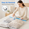 A woman is using a vacuum storage bag for clothes with an electric pump to compress garments.