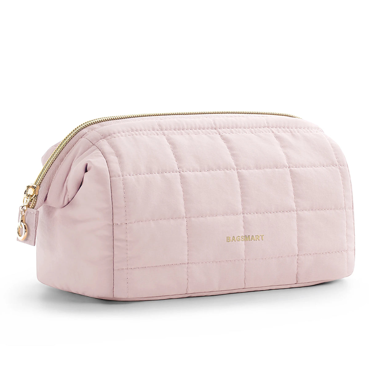 A light pink padded makeup bag with a quilted texture and gold zipper detail.