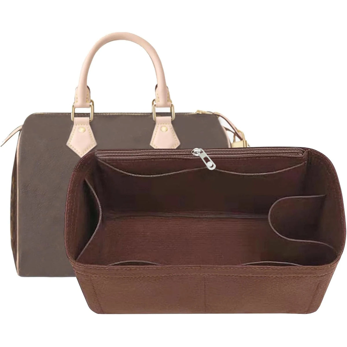 A brown felt purse organizer insert with a light tan handle is shown.