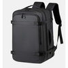 A black expandable travel backpack designed for carrying a laptop and gear.