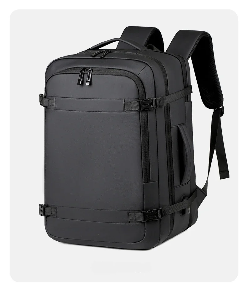 A black expandable travel backpack designed for carrying a laptop and gear.
