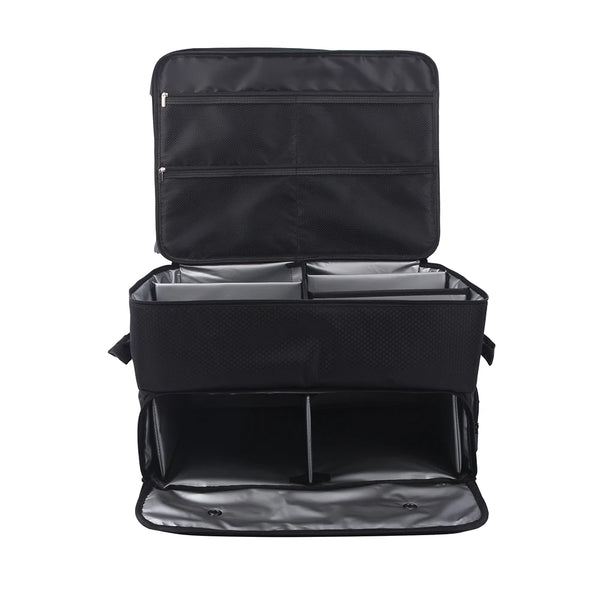 Black waterproof trunk organizer designed to hold shoes and accessories.