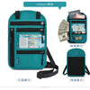 A teal RFID blocking travel passport holder shown from the front and back, with a passport and other documents visible.