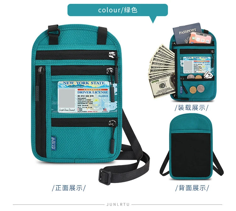 A teal RFID blocking travel passport holder shown from the front and back, with a passport and other documents visible.