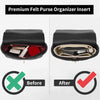 A black felt purse organizer insert showing a before and after comparison of organization.