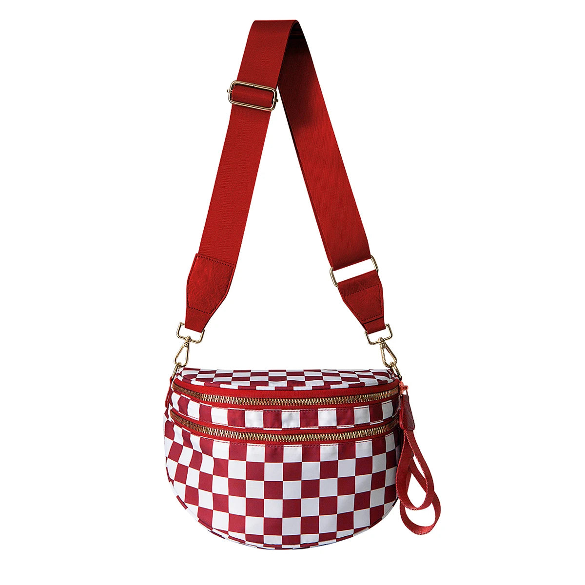 A red and white checkered nylon crossbody bag with a maroon strap.
