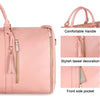 Pink foldable multi-function garment duffle bag with a handle, tassel decoration, and front side pocket