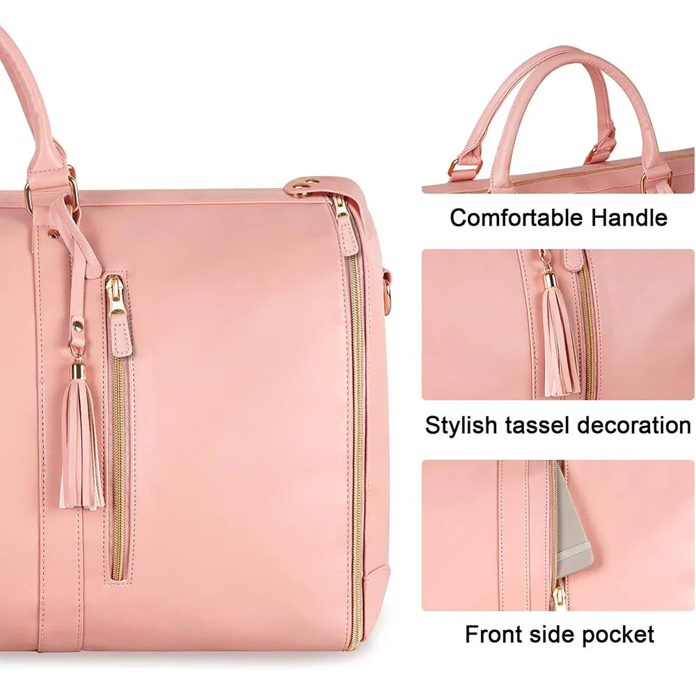 Pink foldable multi-function garment duffle bag with a handle, tassel decoration, and front side pocket