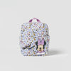A purple and white patterned fashion backpack featuring Disney characters like Mickey Mouse and Minnie Mouse.