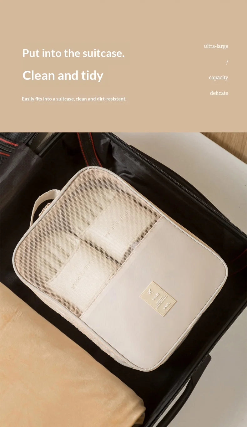 A cream-colored mesh shoe organizer bag is shown inside a black suitcase.