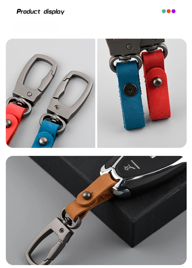 A display of genuine leather keyring keychains in various colors and styles.