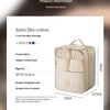 A beige satin-like cotton portable shoe bag with padded compartments shown in a product information layout.