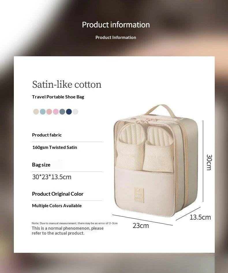 A beige satin-like cotton portable shoe bag with padded compartments shown in a product information layout.