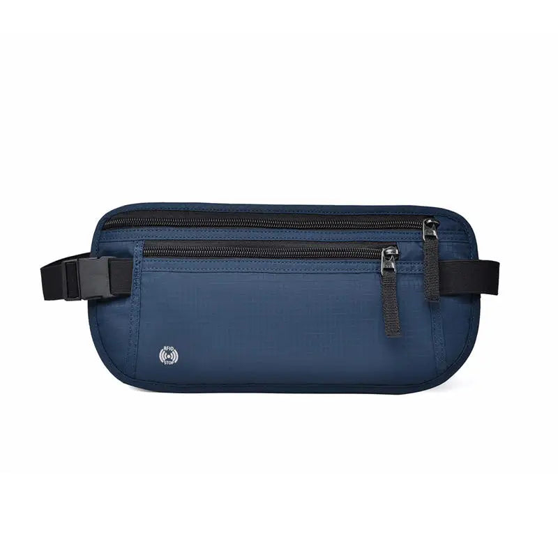Bolsa para dinero de tela azul marino y delgada con bloqueo RFID, correa y cremallera negra.