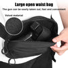 A hand is opening a black tactical concealed carry fanny pack to show a gun inside.